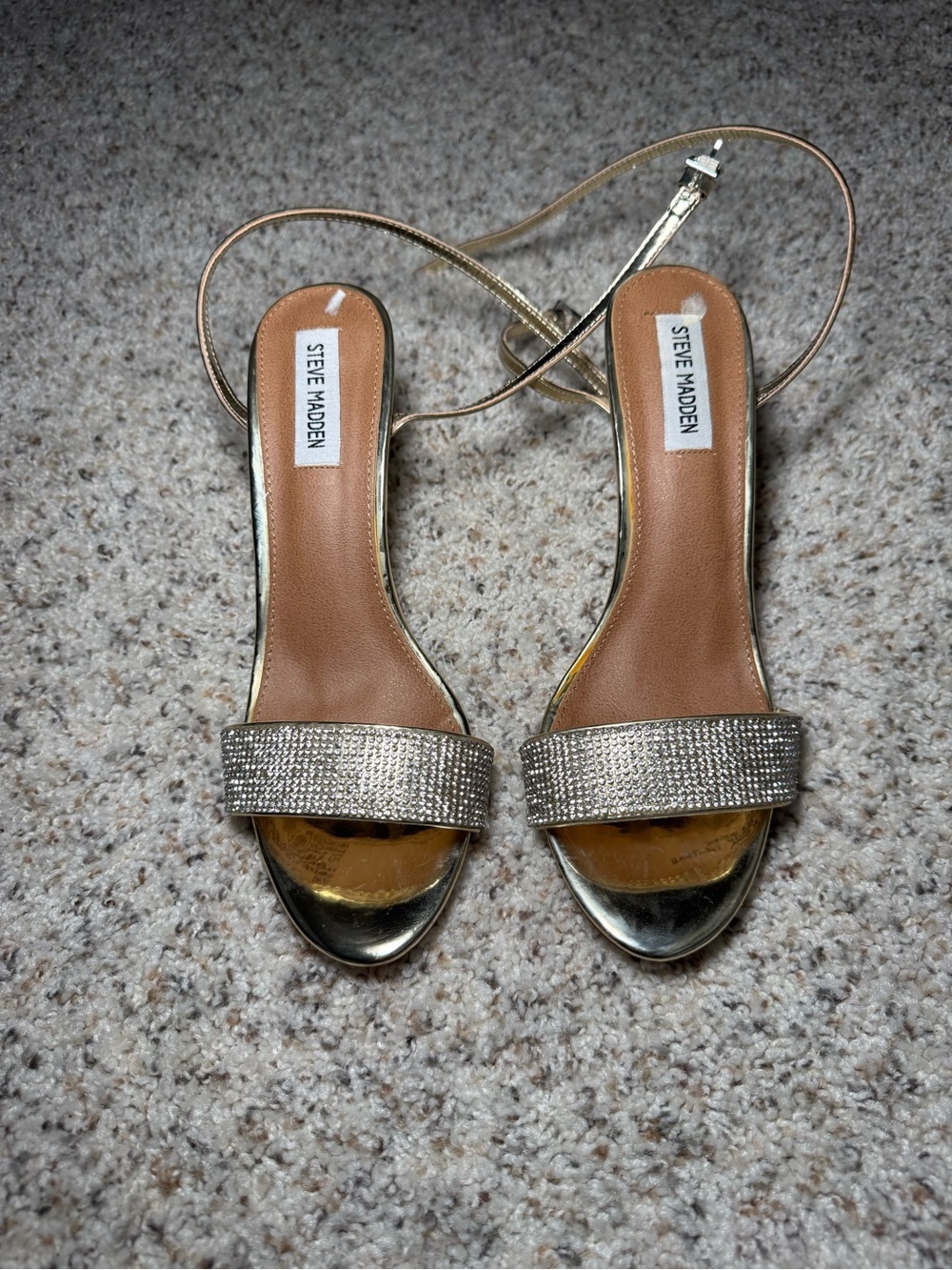 Steve Madden Metallic Gold Rhinestone Strap Ankle-Heel Sandals - Picture 1 of 10